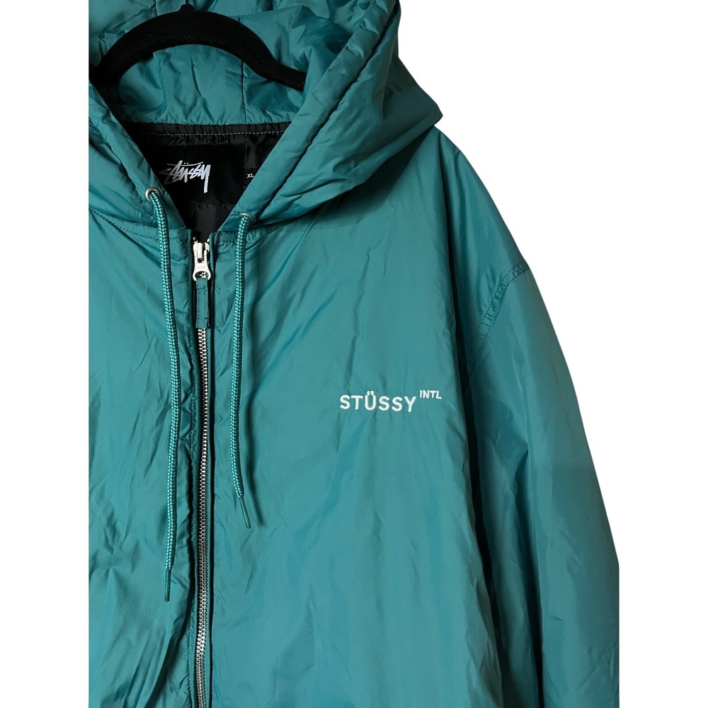 Stussy Jacket Mens XL Teal Green International Hooded Windbreaker Graphic Logo